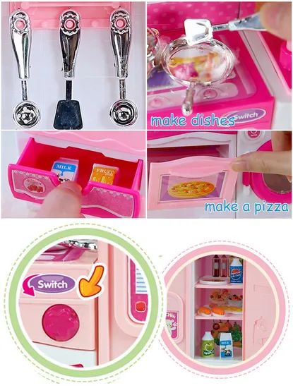 Wholesale Girls Gift Pretend Children's Plastic Mini Pink Kitchen Cabinet Tool Play Toy with Music for Girls