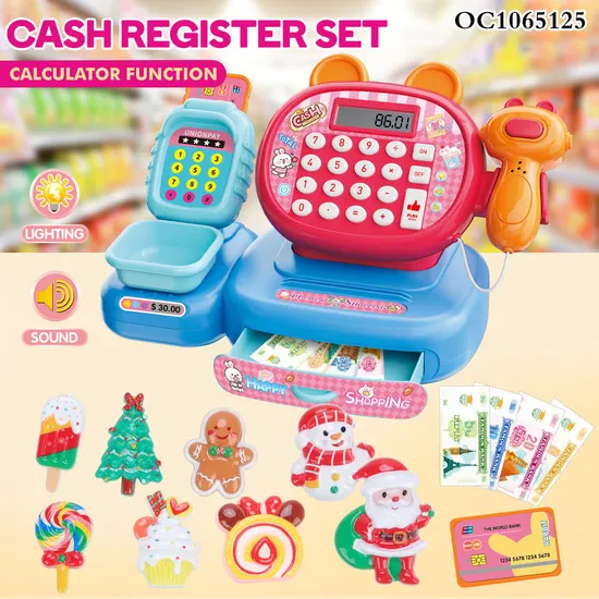 Funny Role Pretend Play Shopping Supermarket Cashier Register Toys Desk Toy for Children with Plastic Dessert Toys