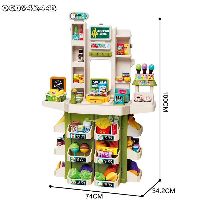Kid Role Pretend Play Shop Counter Supermarket Toy Play Set Cash Register Scanner POS Machine Model Toy for Boy with Simulation Food