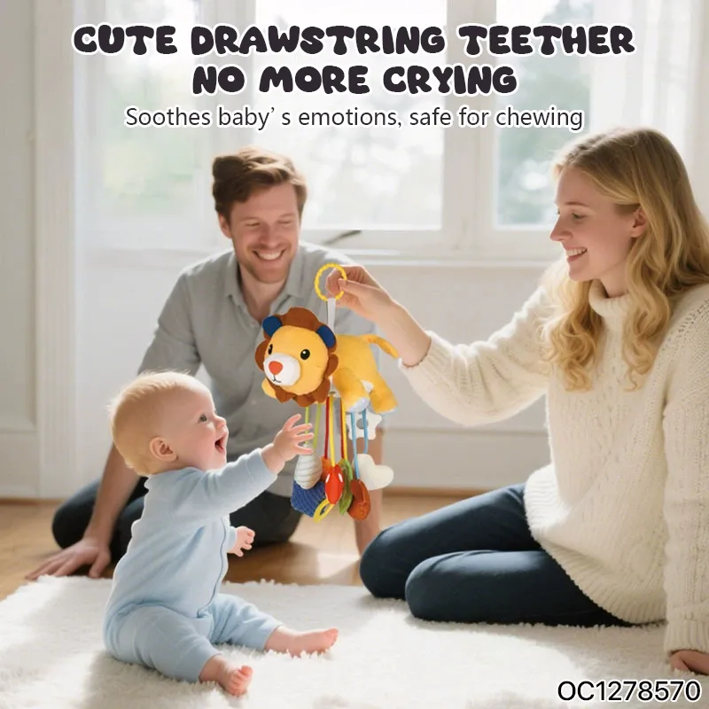 Hanging Custom Plush Toy Stuffed Lion Animal Newborn Pull String Toys Baby Rattles Crib Mobile Electric Rotating Toy for Infant Bed