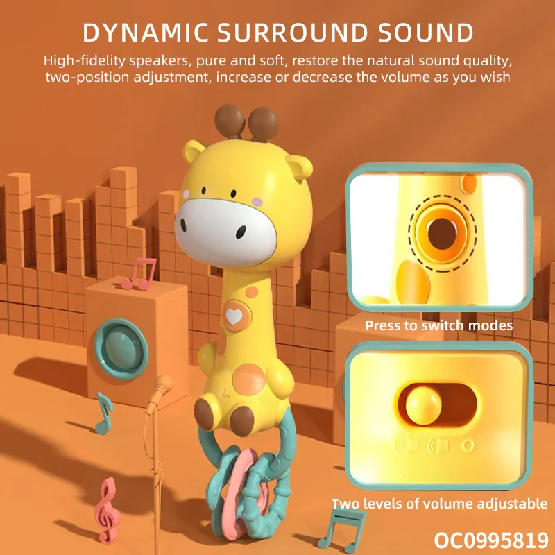 Wholesale Musical Cartoon Giraffe Plastic Baby Chew Toy Teether Music Sensory Rattle Sleeping Toy