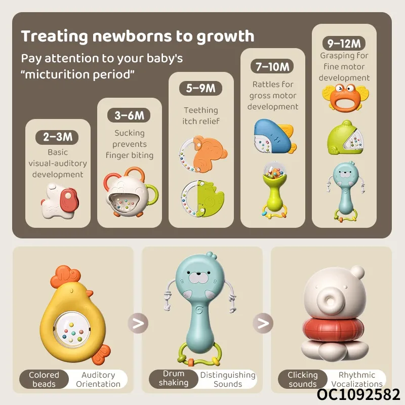 Wholesale Teether Lovely Animal Shape Hand Toys Baby Silicone Rattle Montessori Rattle Set Toy
