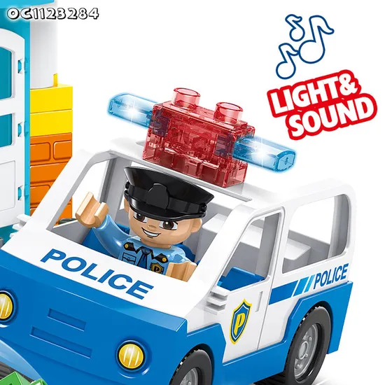 Wholesale Montessori Plastic Children Sensory DIY Police Car Gift Building Block Toy with Light