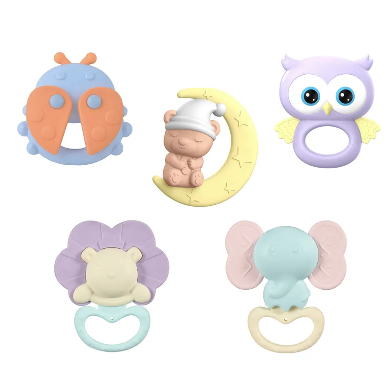 5PCS Educational Animal Soft Silicone Chewing Toys Sound Rattles New Born Babies Cartoon Hand Bell Toys for Sale