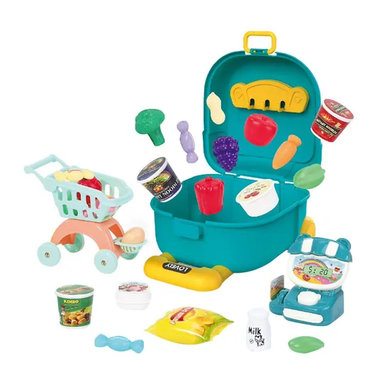 Mini Shopping Trolleys Carts Green Color Home Supermarket Toys Shop for Kids Girls Supermarket Goods Toy with Fruit Vegetable Food