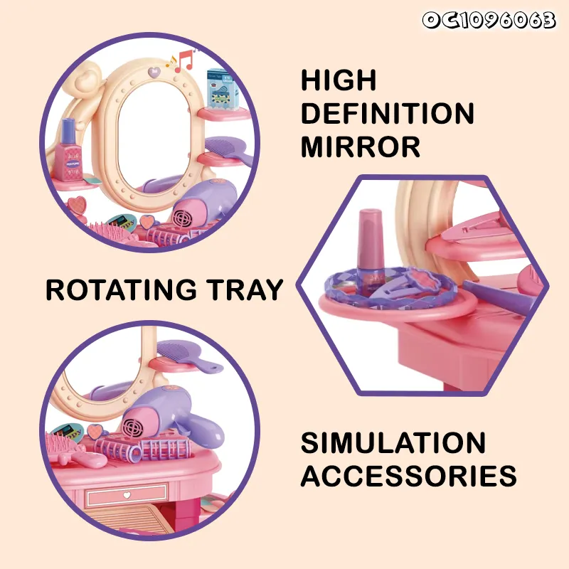 Wholesale Dressing Table Pink Fashion Girls Pretend Beauty Cosmetics Hair Salon Play Portable Makeup Kit Set Toy for Children with Light Music