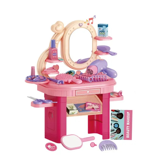 Wholesale Dressing Table Pink Fashion Girls Pretend Beauty Cosmetics Hair Salon Play Portable Makeup Kit Set Toy for Children with Light Music