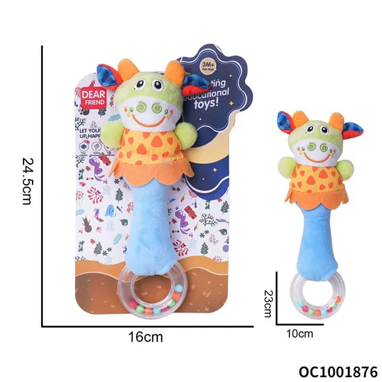 Cute Cow Design Easy Grasping Toys Soothing Soft Plush Baby Educational Hand Rattles Toys with Soft Toy Animal Head Design