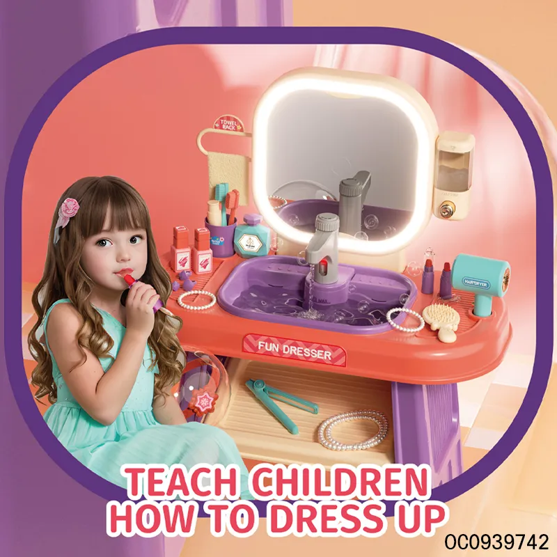 Wholesale Pretend Play Kids Makeup Toy Girls Beauty Makeup Fashion Dressing Table with LED Lights Mirror