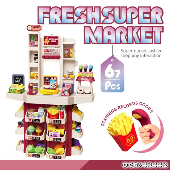 Home Supermarket Pretend Play Checkout Mini Food Set Toy Miniature Plastic Toy with Live Scanner Cash Register Card Reader for Kids