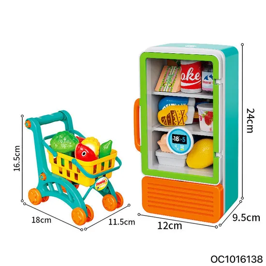Simulation Food Plastic Toy Electric Mini Refrigerator Pretend City Play Houses with Supermarket Shopping Cart for Kids Children