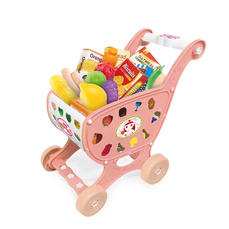 Interactive Plastic Toy Supermarket Trolley Kids Pretend and Play Preschool Toy Shopping Cart Toy with Simulation Plastic Fruit