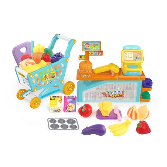 Good Quality Electronic Cash Register Supermarket Bill Counter Toy with Pretend Plastic Shopping Cart Fruit Vegetable Simulation