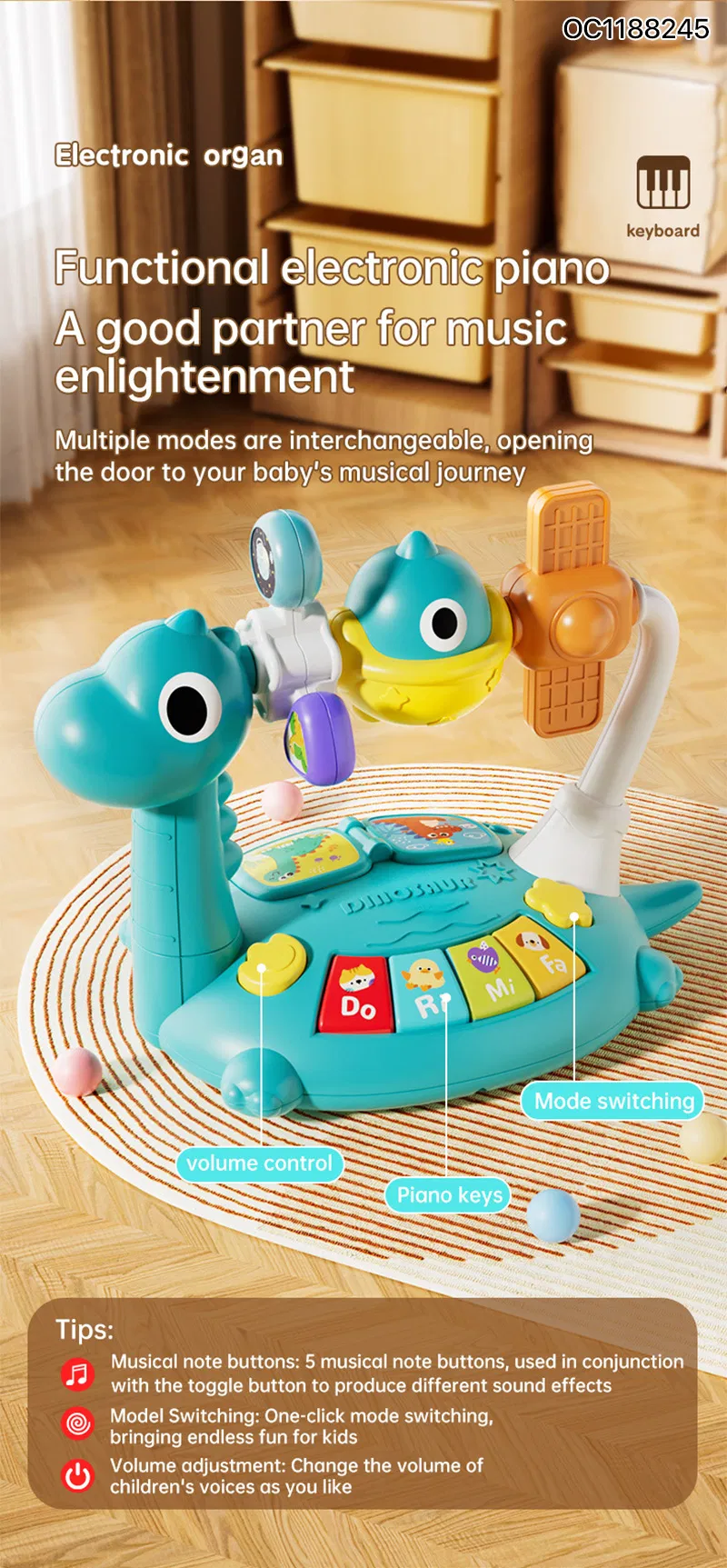Wholesale Cartoon Dinosaur Design Music Baby Plastic Animal Sound Electronic Small Piano Education Rainbow Keyboard Toy