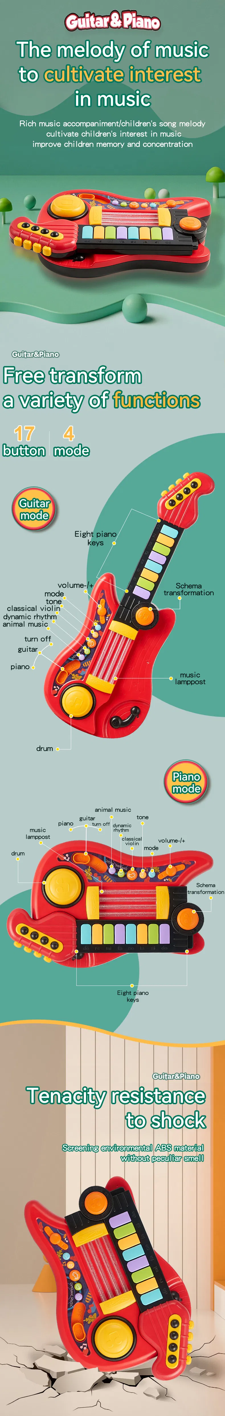 Wholesale 2 in 1 Sensor Interactive Portable Electronic Piano Keyboard Guitar Musical Instruments Toy for Kid with LED Light Music