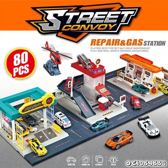 Boys Kids Gift Items Cartoon City Track Parking Lot Toy Gas Station Scenes Railway Racing Car Toys with 2PCS Alloy Car for Sale