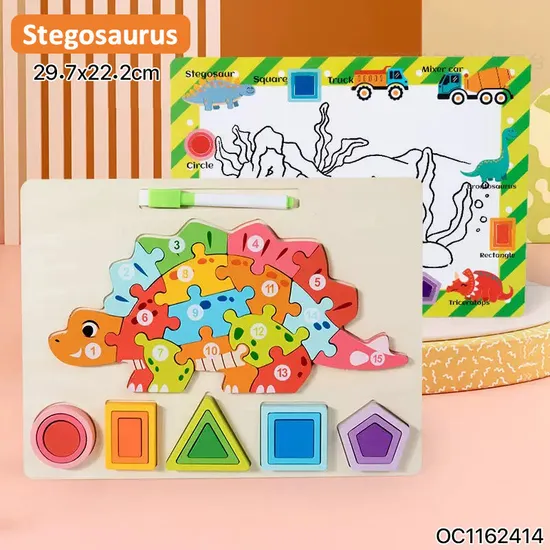 Cognitive Shape Number Block Learning Montessori Wooden High Quality Dinosaur Jigsaw Puzzle Animals Match Board Toy with Drawing Toy