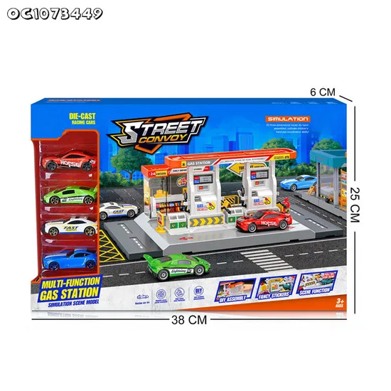 City Scene Simulation Gas and Car Wash Station Model Custom Made Plastic Toy with 4 Pieces Alloy Model Car Game Toy for Boys