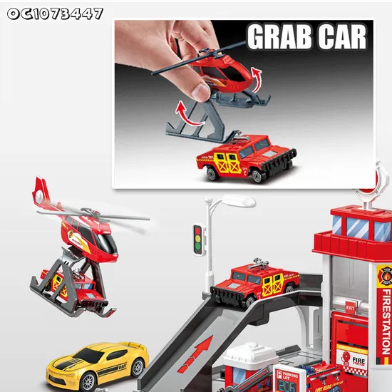 Wholesale Cartoon City Track Parking Lot Kids Fire Station Equipments Scene Set Fire Fighting Truck Toy with Plane and Fire Cars