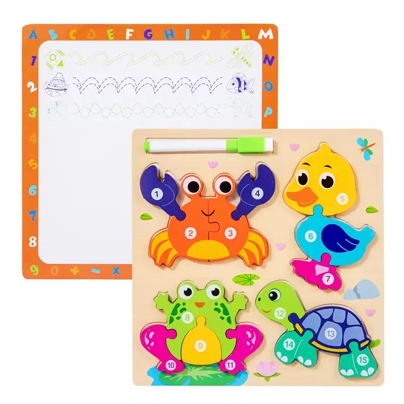 Early Educational Baby Toys Wood 2025 Animal Mix and Match Jigsaw Puzzle Board 3D Cartoon Sea Animal Toy with Erasable Drawing Board