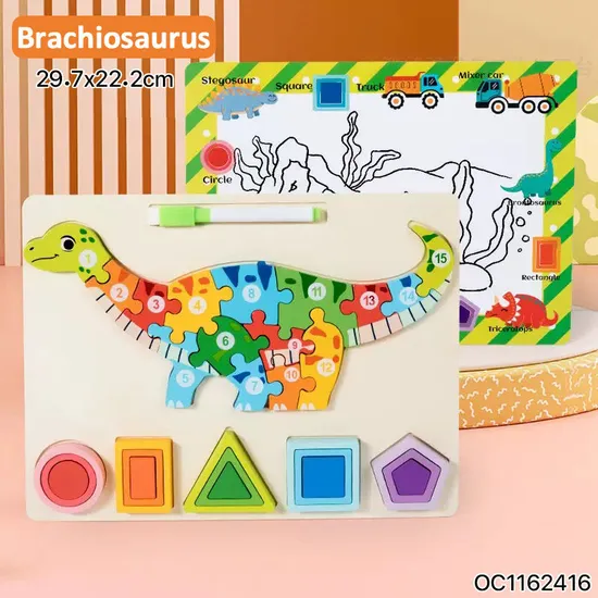 Kindergarten Toy Montessori Early Education Family Wooden Dinosaur Activity Wall Jigsaw Puzzle Game Busy Board Toy