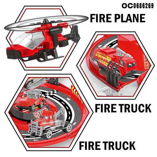 3 Pieces Fire Truck Toy Car Model Diecast Super Parking Lot Toys with Track Rail