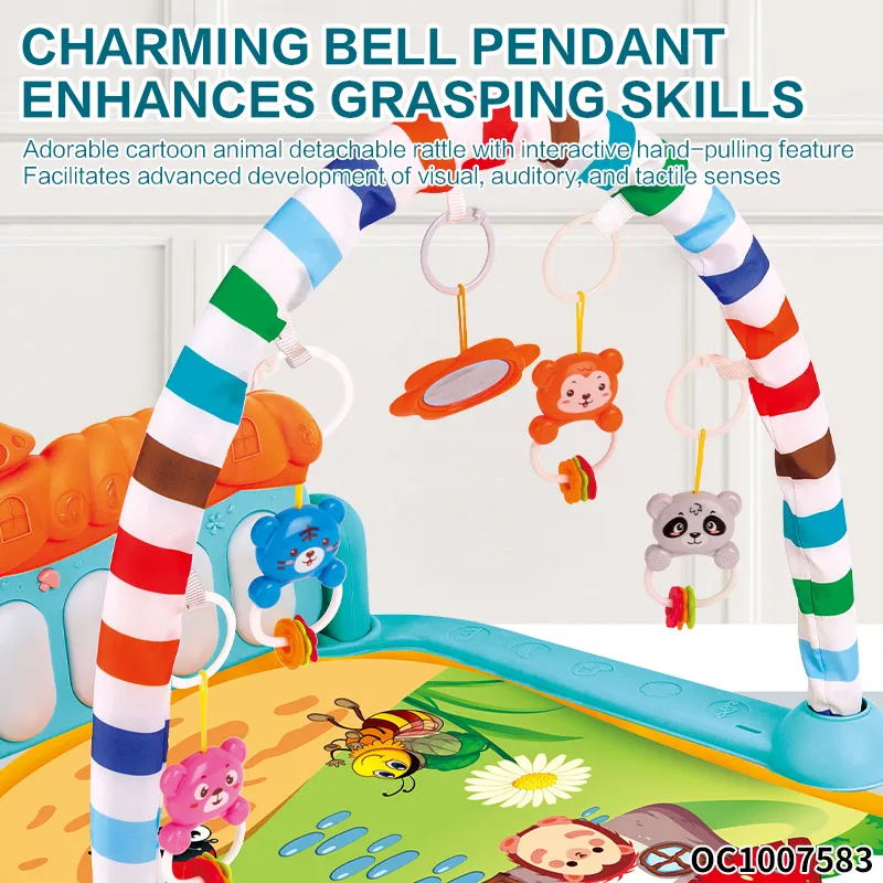 Cartoon Animals Design Baby Musical Activity Gym Foam Play Mat Piano for Floor Tummy Time with Hanging Rattles