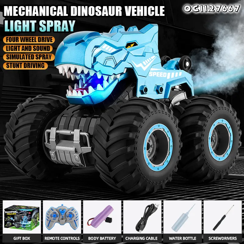 Children Boys Gift Items RC Dinosaur Mechanical Stunt Car 360 Rotating Toys for Kids with Remote Control and LED Music Light