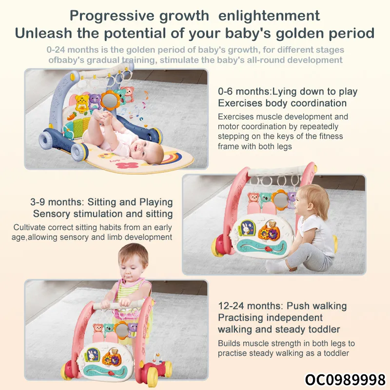 Good Quality 2 in 1 Baby Push Walker Pedal Baby Gym Piano Toys Musical Padded Baby Activity Gym Mat Playmat with Hanging Animals