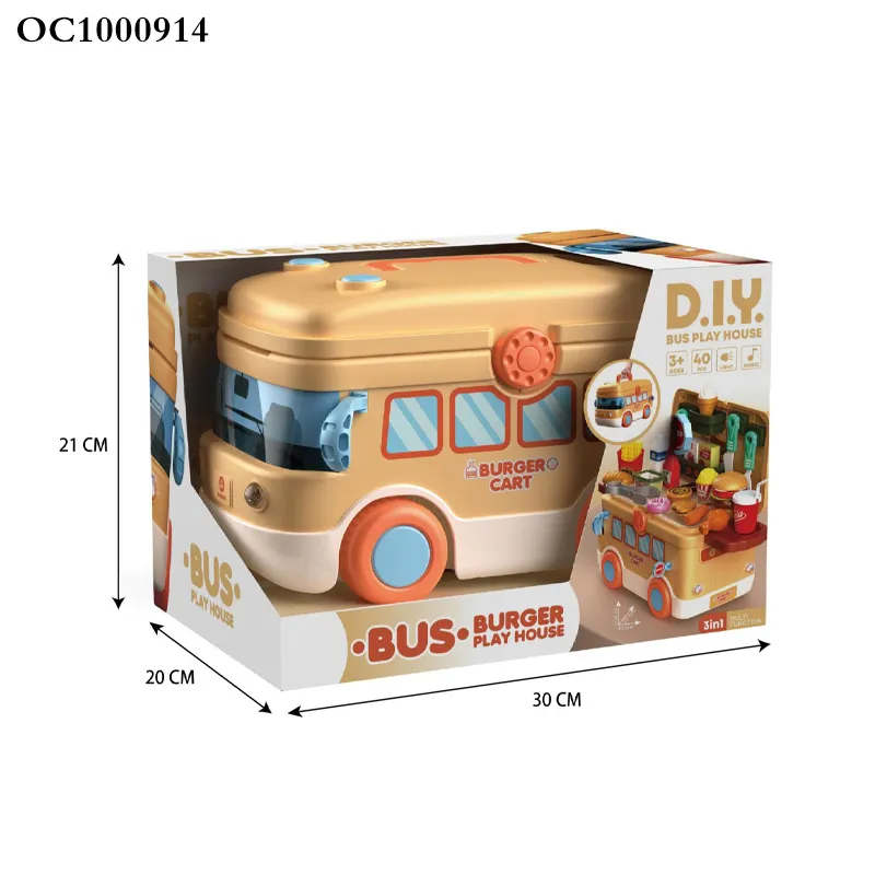 Cartoon Bus Multifunctional Plastic Mobile Kitchen Bus Play Pretend Preschool Fast Food Toys Kids