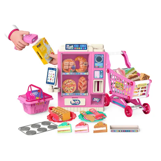 Home Market Game Smallscanner Toy Vending Machine Pretend Play Grocery Store Shopping Carts for Kids with Plastic Deccert