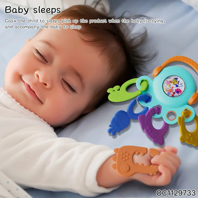 Baby Hand Guard Teether Food Grade Silicone Chew Montessori Sensory Rattle Toy for 0-6 6-12 Months with Matching Shape Blocks