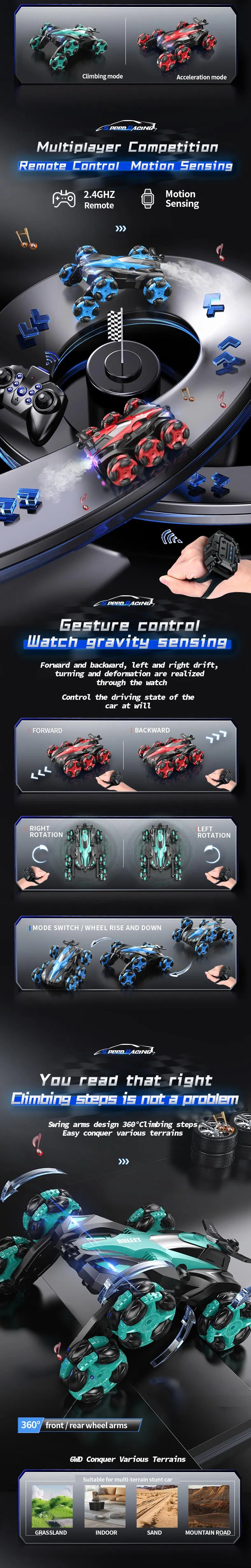 Wholesal LED Lighting Hand Gesture Sensing Remote Control 6 Wheels RC Drift Stunt Car with Music