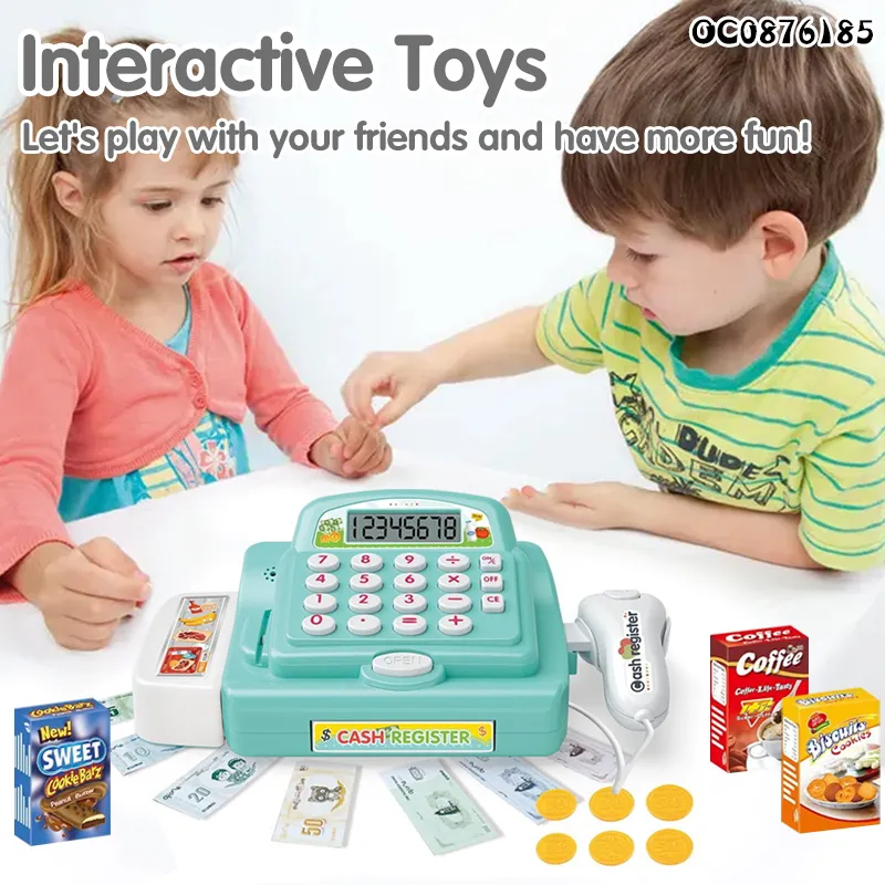 Kids Market Pretend Play Play Cash Register Toy with Scanner with Food