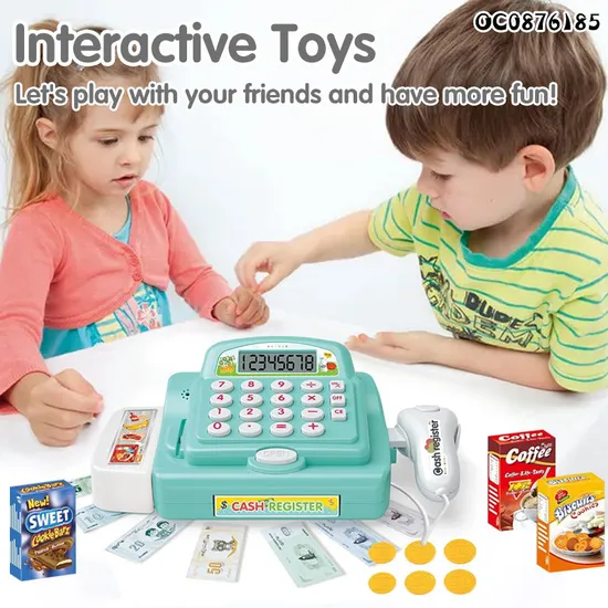 Kids Market Pretend Play Play Cash Register Toy with Scanner with Food