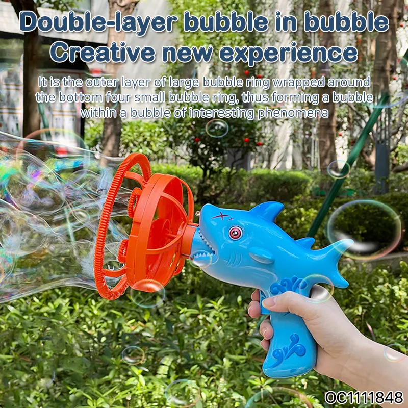 Custom Promotional Outdoor Toddler Playing Toys Blowing Bubbles Water Shark Bubble Gun with 2 Bottles Bubble Machine