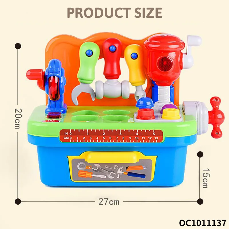 Multi-Accessories Fun Children Kids Pretend Play Construction Table Game Educational Mechanical Tool Box Set with Light Sound