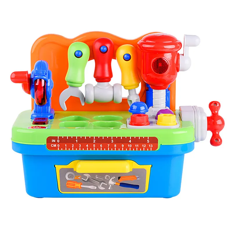 Multi-Accessories Fun Children Kids Pretend Play Construction Table Game Educational Mechanical Tool Box Set with Light Sound