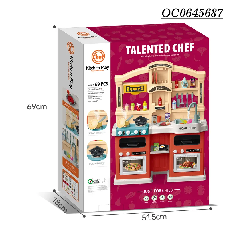 Kids Wholesale Big Pretend Plastic Children House Play Spray Kitchen Set for Girls with Music Light
