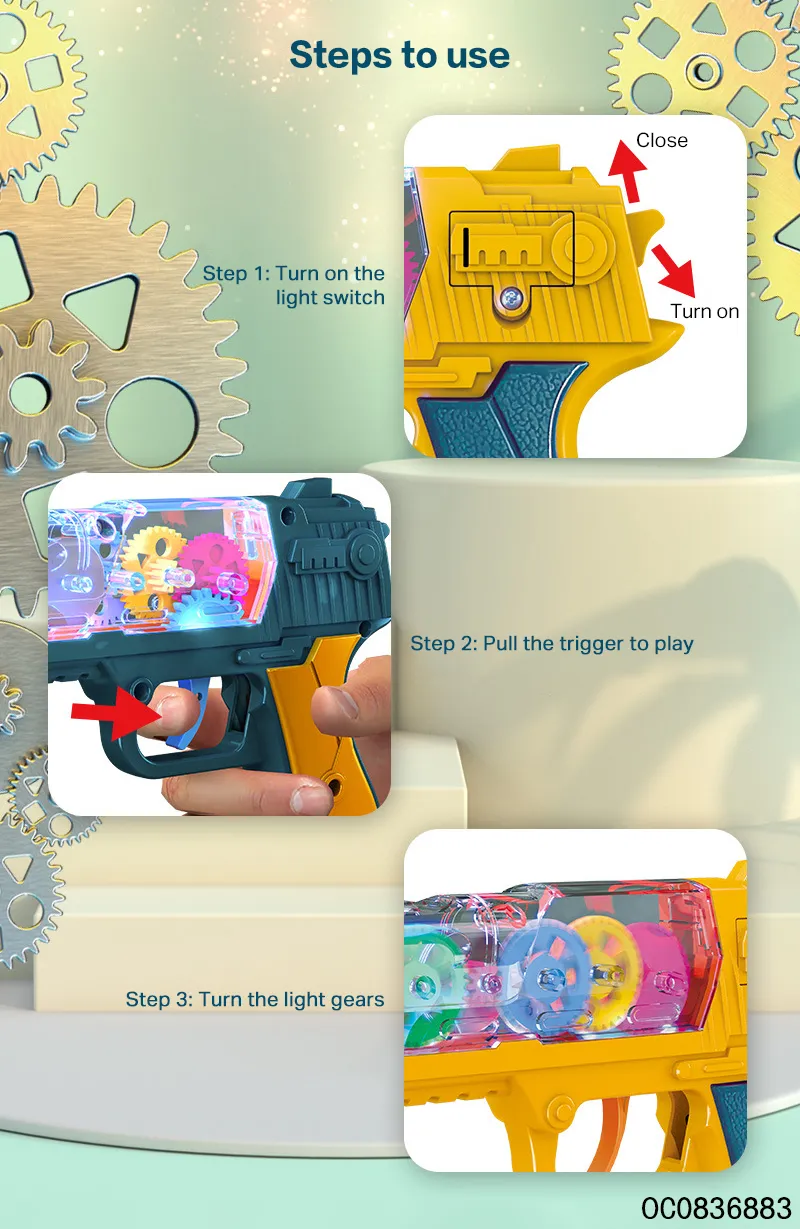 Kids Wholesale Transparent Electronic Gear Toy Guns with Sound and Light