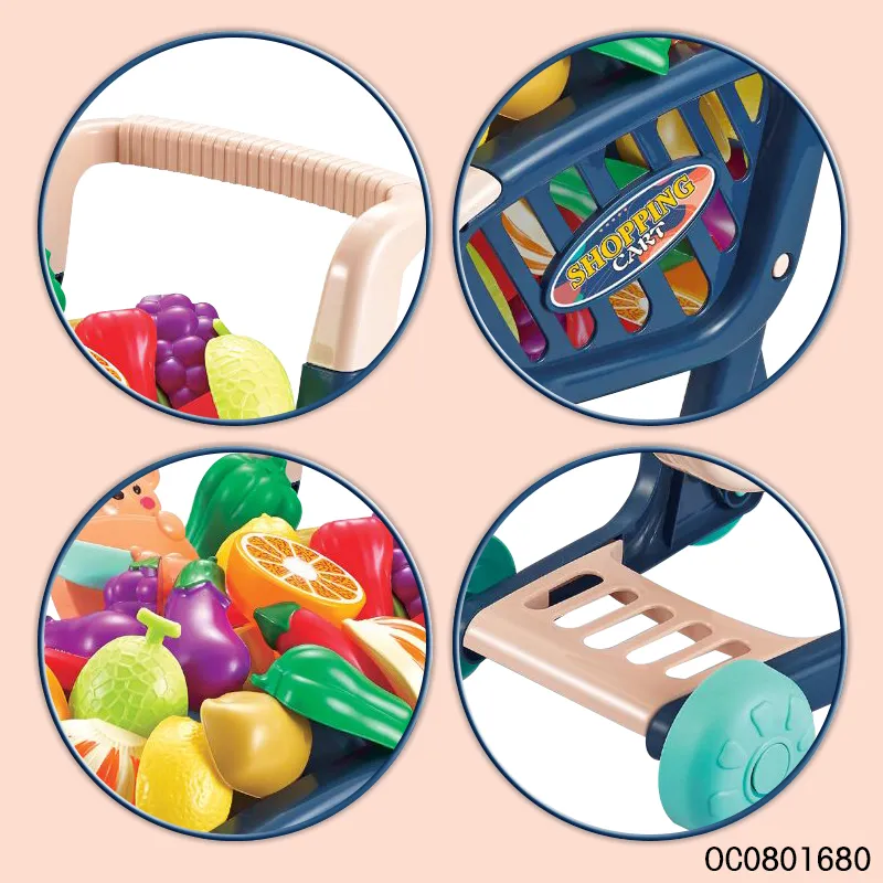Wholesale Pretend Children's Plastic Kitchen Role Play Set Kids Supermarket Trolley Shopping Toys with Fruit