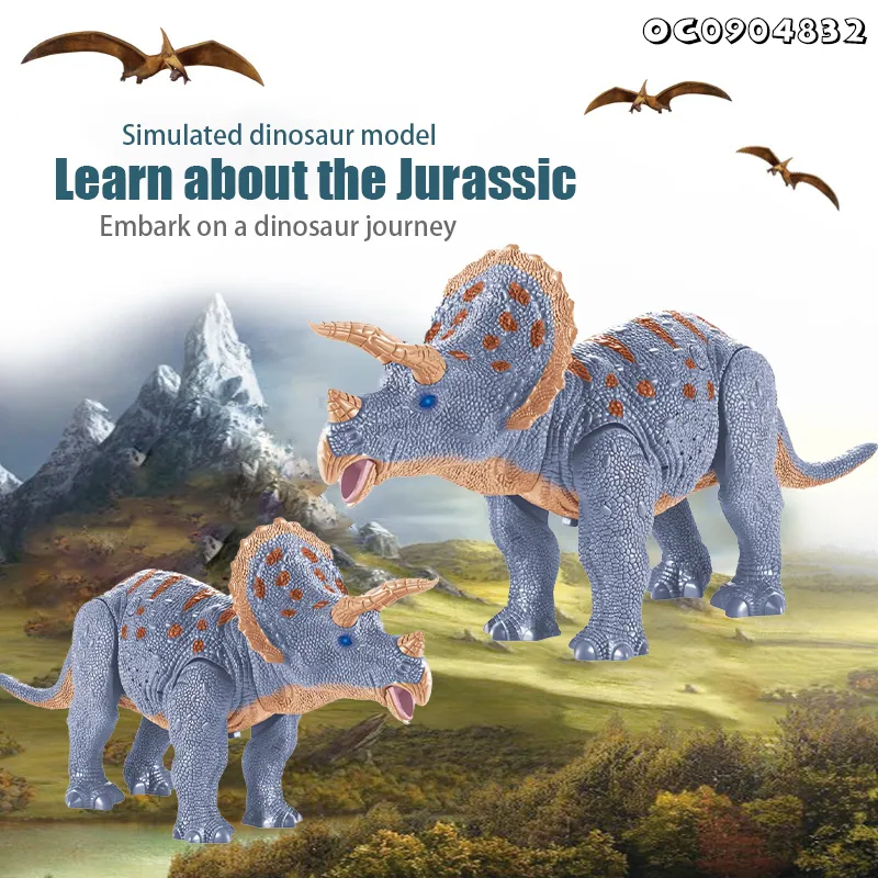 Dinosaur Theme Gifts Infrared Remote Control Model Simulation Walking RC Dinosaurs Light up Toy for Kids Triceratops Toy with Sound