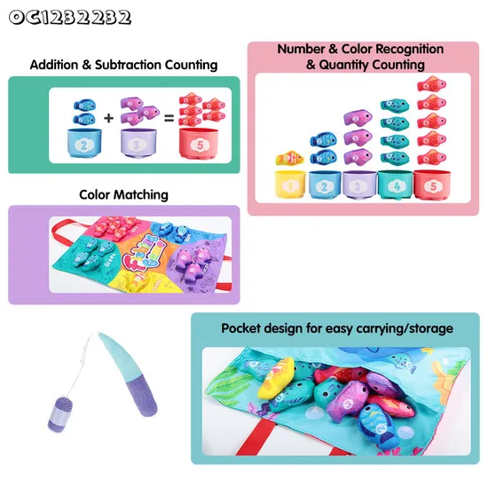 Color Sorting Cognitive Development Early Education Baby Cloth Material Sensory Toy Portable Fish Game Plastic Toy Fish Hook Kid