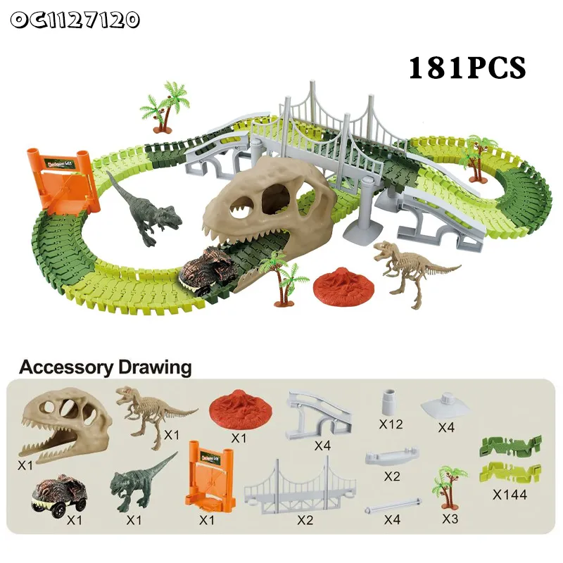 181PCS Dinosaur Theme Adventure Jigsaw Puzzle Track Cars DIY Assembling Rail Car Toys Slot Toys with Electric Dinosaur Car