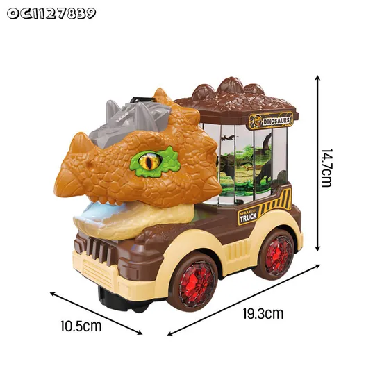 Universal Moving Mouth Water Mist Spray Dinosaur Friction Battery Powered Trucks Transport Car Carrier Toy with Light and Sound