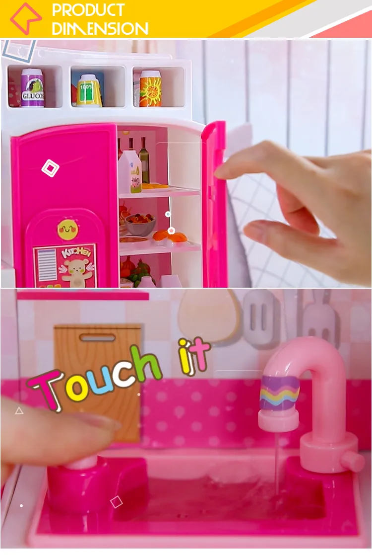 Wholesale Girls Gift Pretend Children's Plastic Mini Pink Kitchen Cabinet Tool Play Toy with Music for Girls