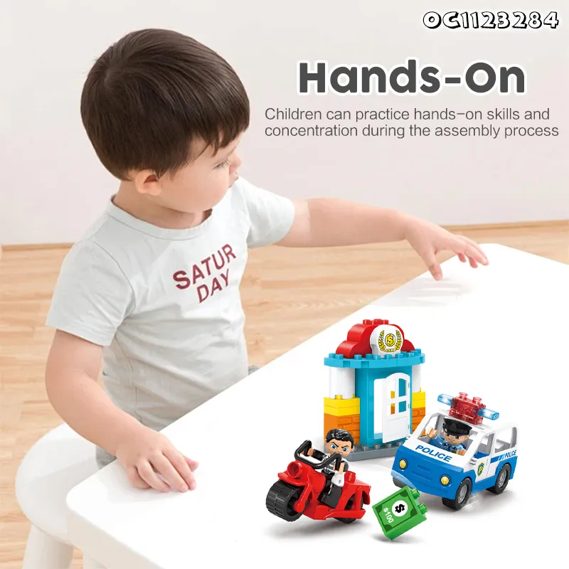 Wholesale Montessori Plastic Children Sensory DIY Police Car Gift Building Block Toy with Light