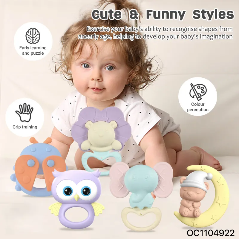 5PCS Educational Animal Soft Silicone Chewing Toys Sound Rattles New Born Babies Cartoon Hand Bell Toys for Sale