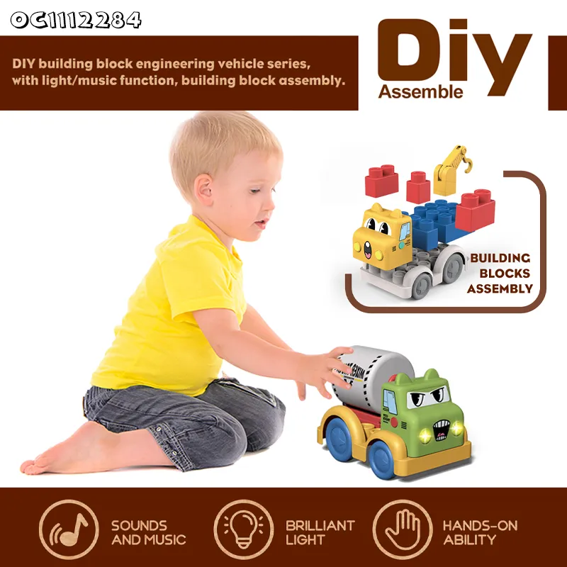 Wholesale Educational Montessori Plastic Kids Car DIY Building Block Toy with Light and Music