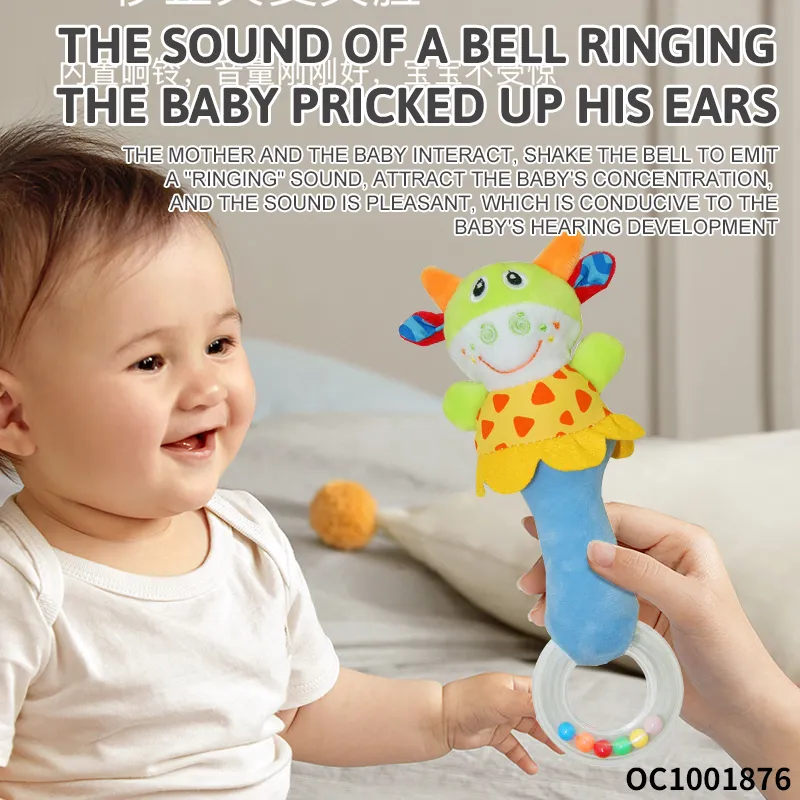 Cute Cow Design Easy Grasping Toys Soothing Soft Plush Baby Educational Hand Rattles Toys with Soft Toy Animal Head Design